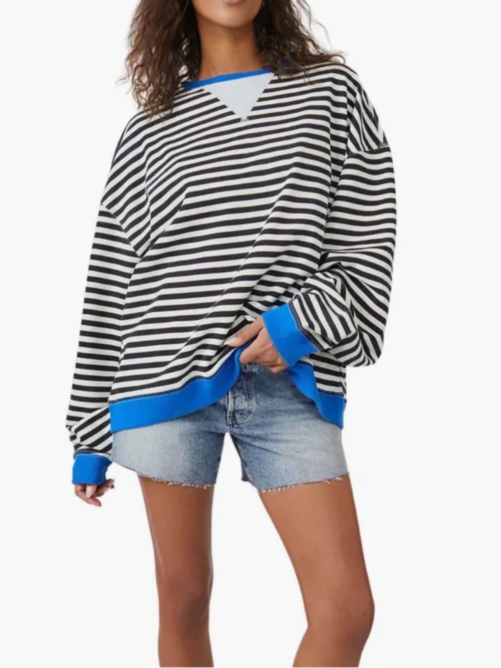 Free People Oversized Striped Black & White Sweatshirt with Blue Trim - Picture 2 of 10